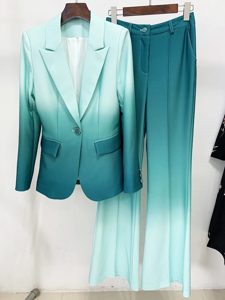 Damen Blazer mit einem Knopfleiste, Ombré-Print & schmal geschnittener Schlaghose
