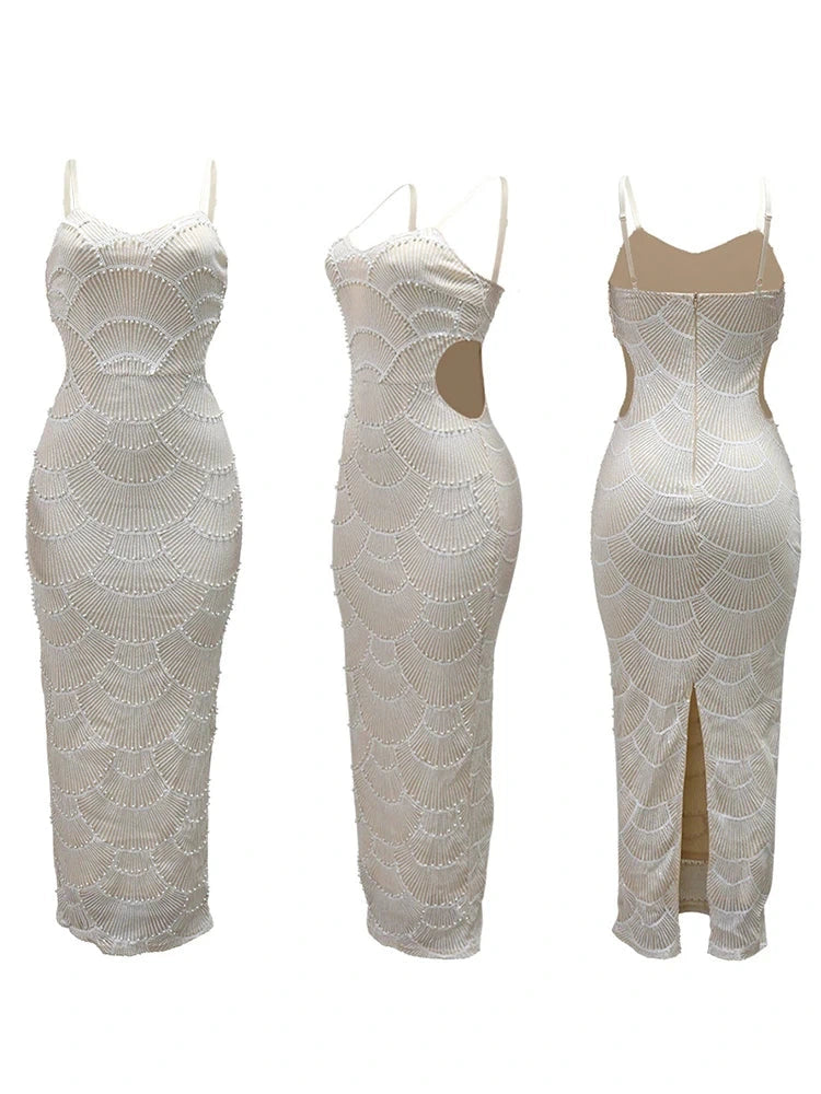 Sequin Hollow Out Mermaid Evening Gown – Elegant Backless Spaghetti Strap Dress