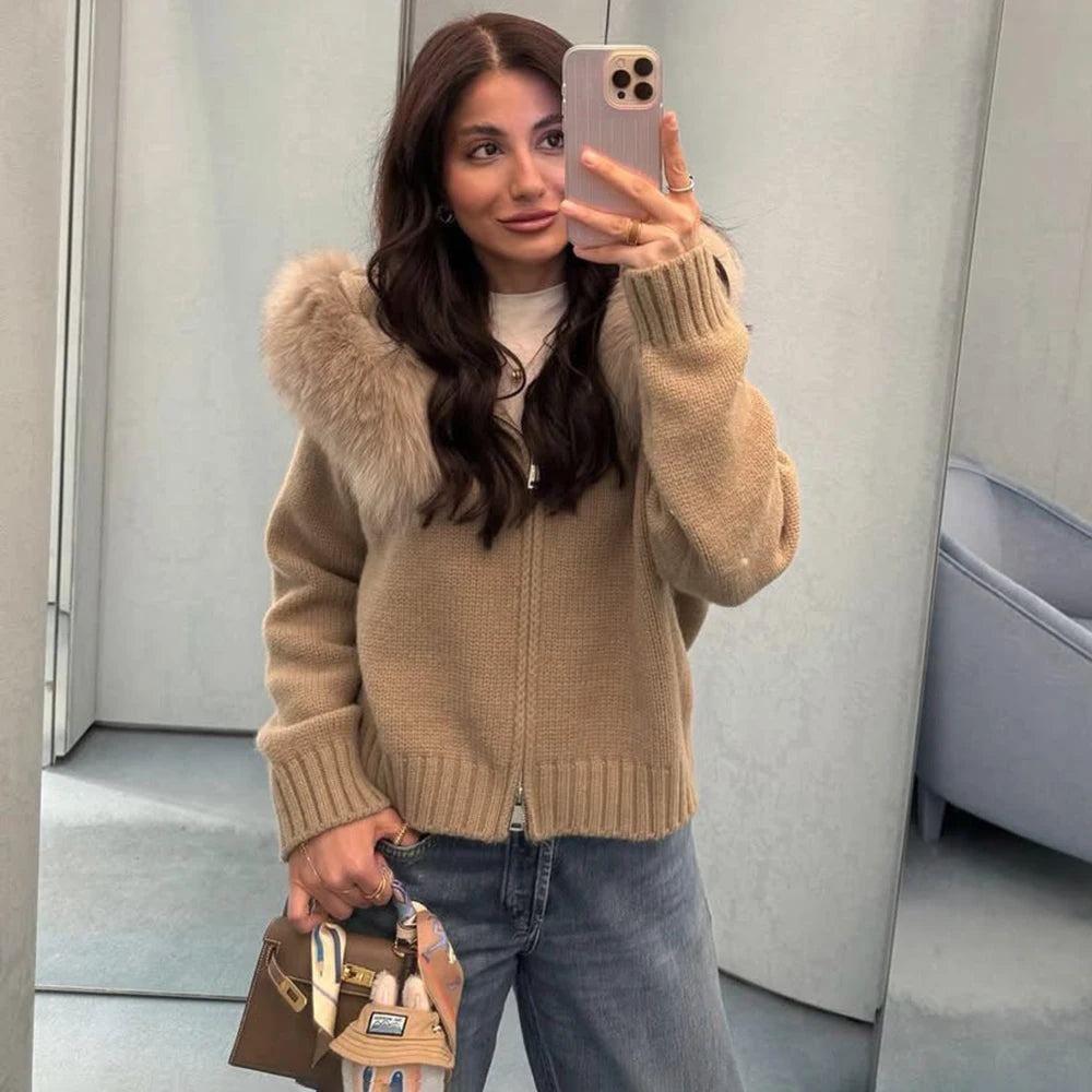 Women’s Winter Fluffy Hoodie Cardigan – Zipper Patchwork Knit Jacket