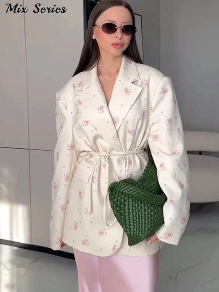 Elegant Flower Printed Coat Women's Lapel Single Button Long Sleeve Lace Up Blazer