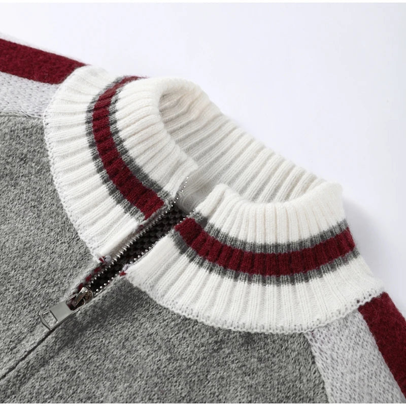 The Heritage Zip: Gray Striped Stand-Collar Knit Jacket – Modern Preppy Loose-Fit Sweater Coat
