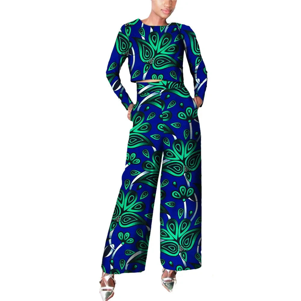Damen Set aus gewachstem Baumwoll-Crop-Top mit langen Ärmeln und Hose mit weitem Bein