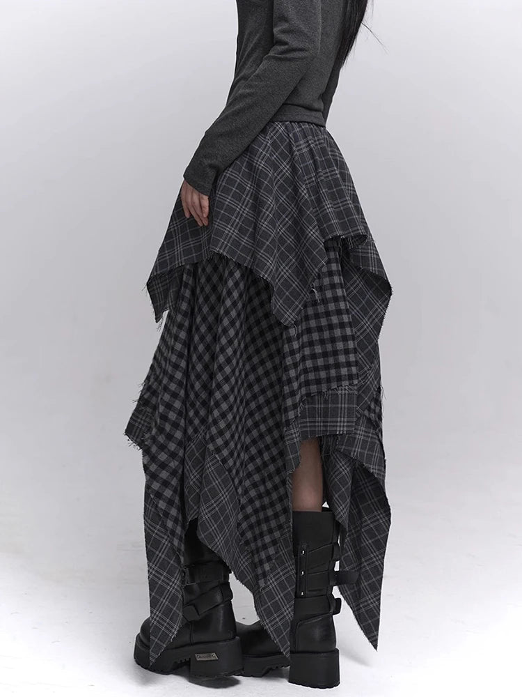 Acubi Fashion Karierter Asymmetrischer Rock | Damen Alt Goth Maxi mit elastischem Bund