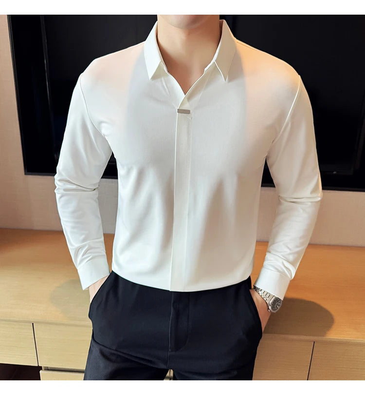 Men’s High Elastic V-neck POLO Shirt – Non-marking Seamless Long Sleeve T-shirt