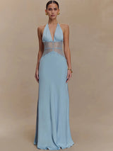 Women’s Sexy Deep Neck Lace Halter Maxi Dress – Backless Patchwork Evening Gown