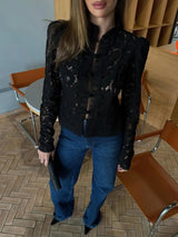 Elegant Printed Lace Hollow Out Commute Top– Women’s Vintage See-Through Summer Shirt