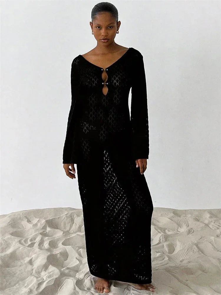 Damen Durchsichtiges V-Ausschnitt Strandkleid mit Cut-Outs, Sexy Rückenloses Strickkleid