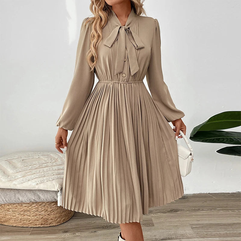 Elegantes plissiertes langes Kleid mit Schleifengürtel, einfarbig, hoher Taille, Business & Pendler-Stil