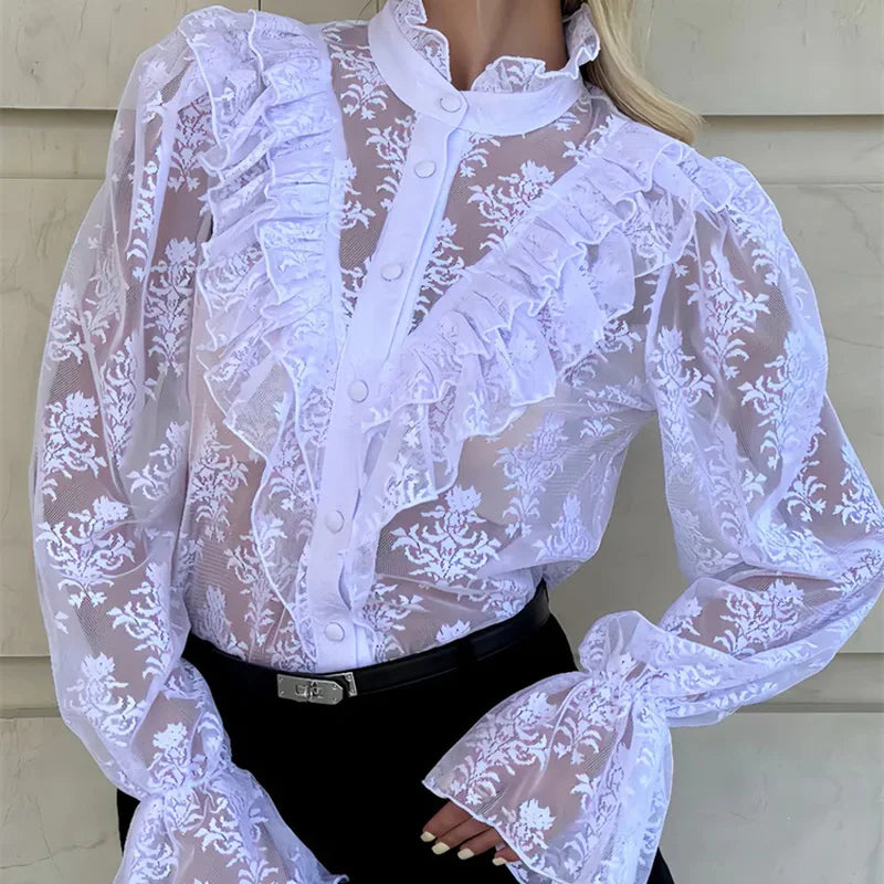 Bedrucktes Rüschenhemd aus Spitze für Damen – Durchsichtiges Patchwork-Langarm-Top