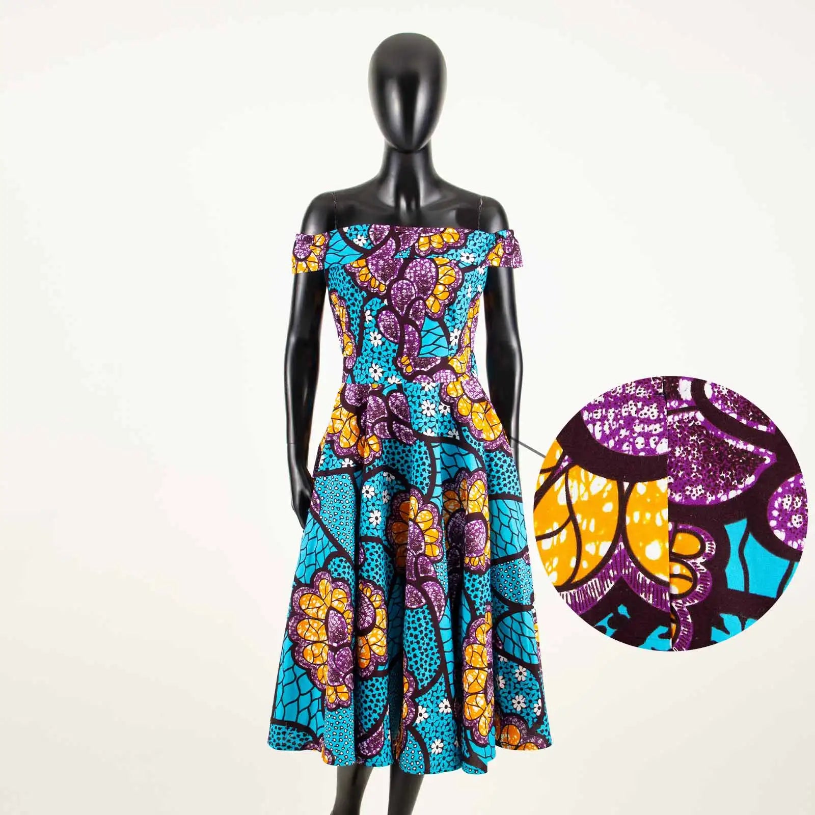 Afrikanisches Ankara-Print Carmen-Kleid | Traditionelle trägerlose afrikanische Kleidung