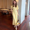 Women’s Knit Puff Sleeve Long Dress – Elegant V-Neck Single-Breasted Midi Dress