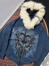 Vintage Y2K Hoodie mit Totenkopf-Print und Reißverschluss für Damen | Subkulturelle Ästhetik Kapuzen-Cardigan-Mantel | Herbst Winter Sweatshirt