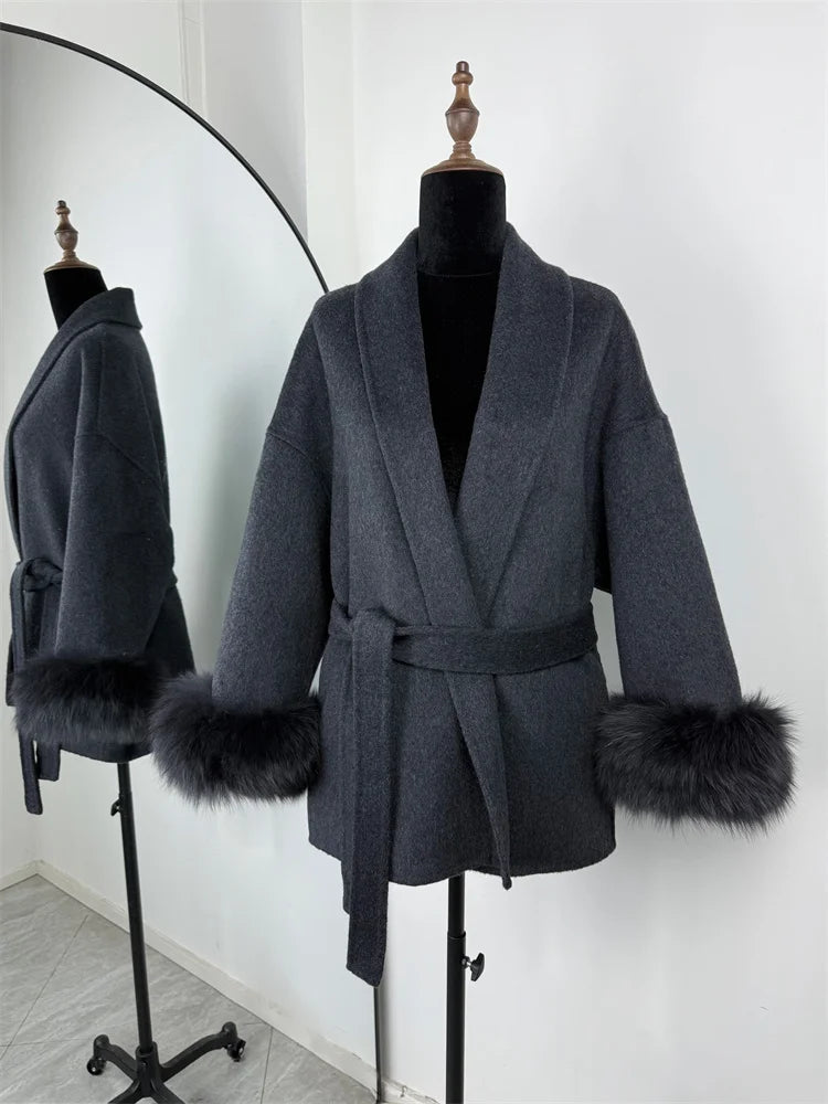 Luxuriöser Fuchsfell-Woll-Wintermantel für Damen – Eleganter doppelseitiger Wollmantel für Frauen,