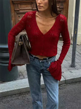 Knitwear Hollow Out Women’s V-Neck Long Sleeve See-Through Cropped Top