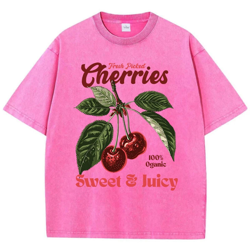 Fresh Picked Cherries gewaschenes Baumwoll-T-Shirt – Vintage-T-Shirt mit Obst-Grafik für Damen