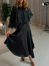 Women’s Elegant Spliced Fold Dress – Solid Loose Patchwork Midi, Round Neck Long Sleeve Lace-Up Dress