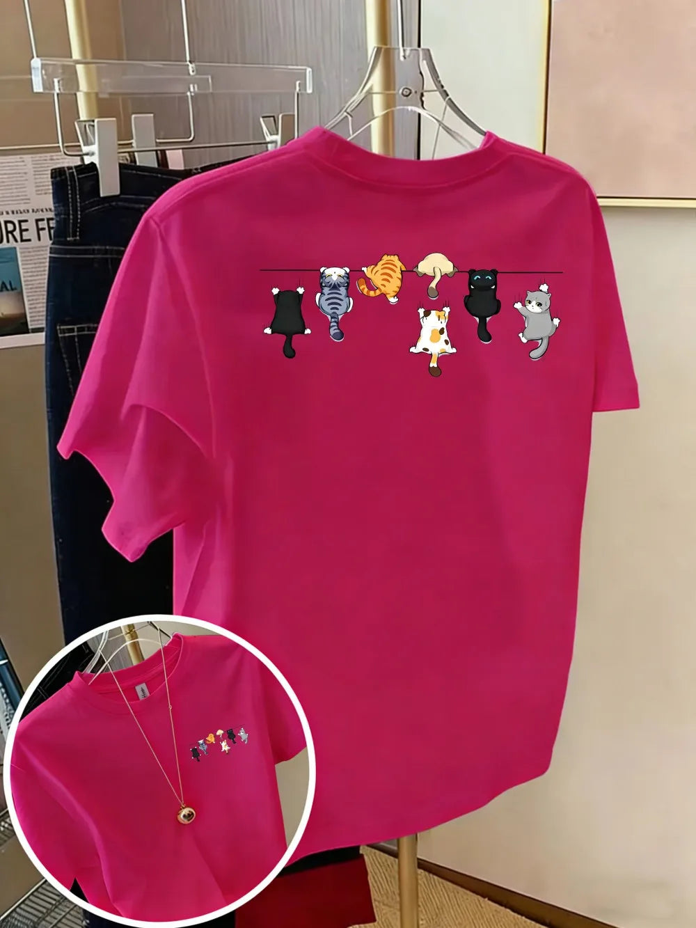 Women's Oversized Cotton Cartoon Cat Print T-Shirt