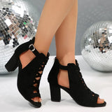 Women's Black Elegant Heel Wrap Sandals with Rear Zipper– Comfortable Thick Heel Fishmouth Peep Toe Shoes