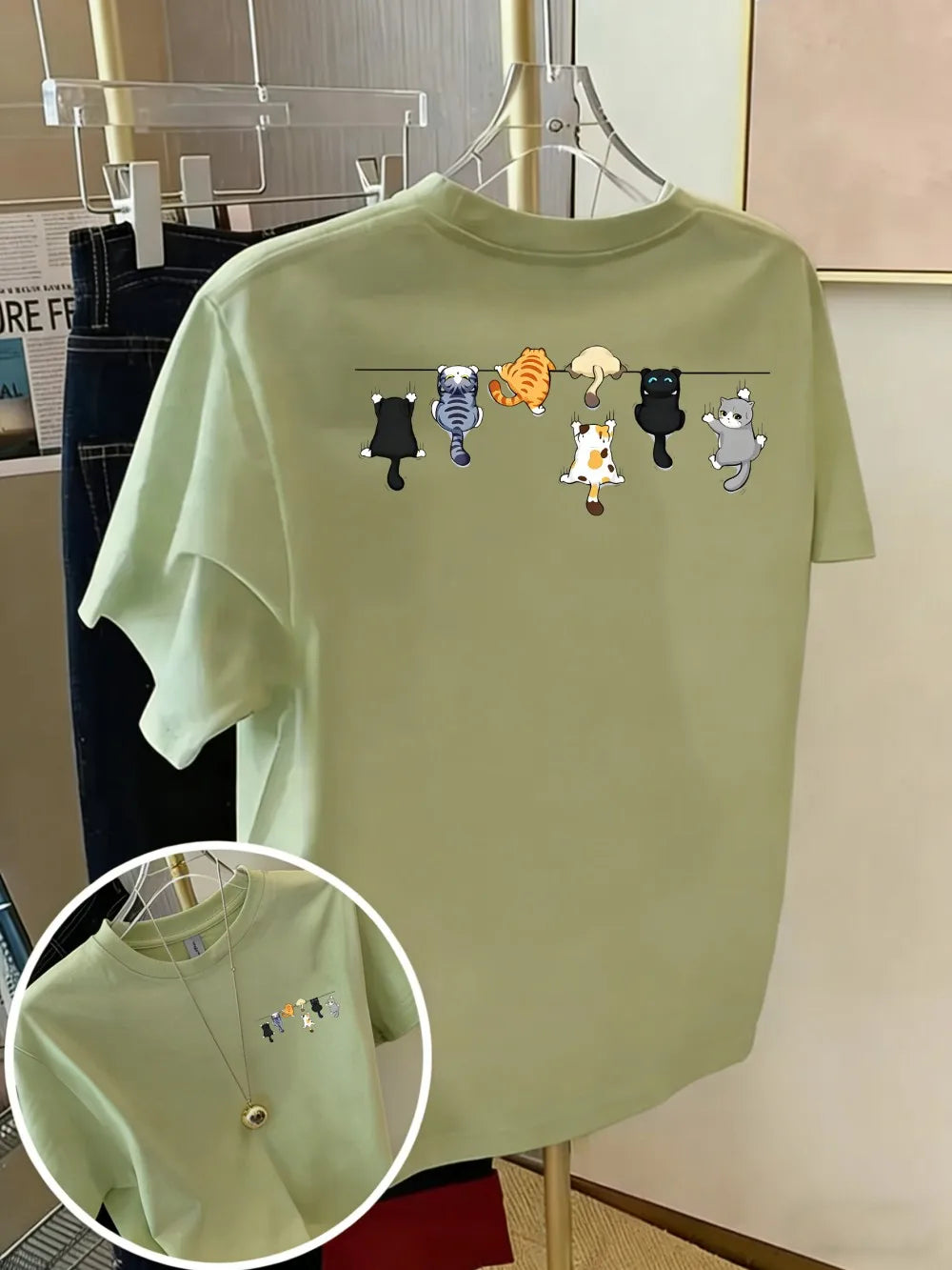 Women's Oversized Cotton Cartoon Cat Print T-Shirt