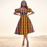 Afrikanisches Ankara-Print Midikleid für Damen | Kurzärmliges Kleid mit hoher Taille
