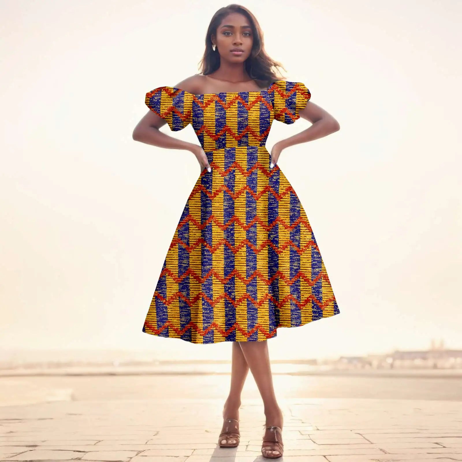 Afrikanisches Ankara-Print Midikleid für Damen | Kurzärmliges Kleid mit hoher Taille