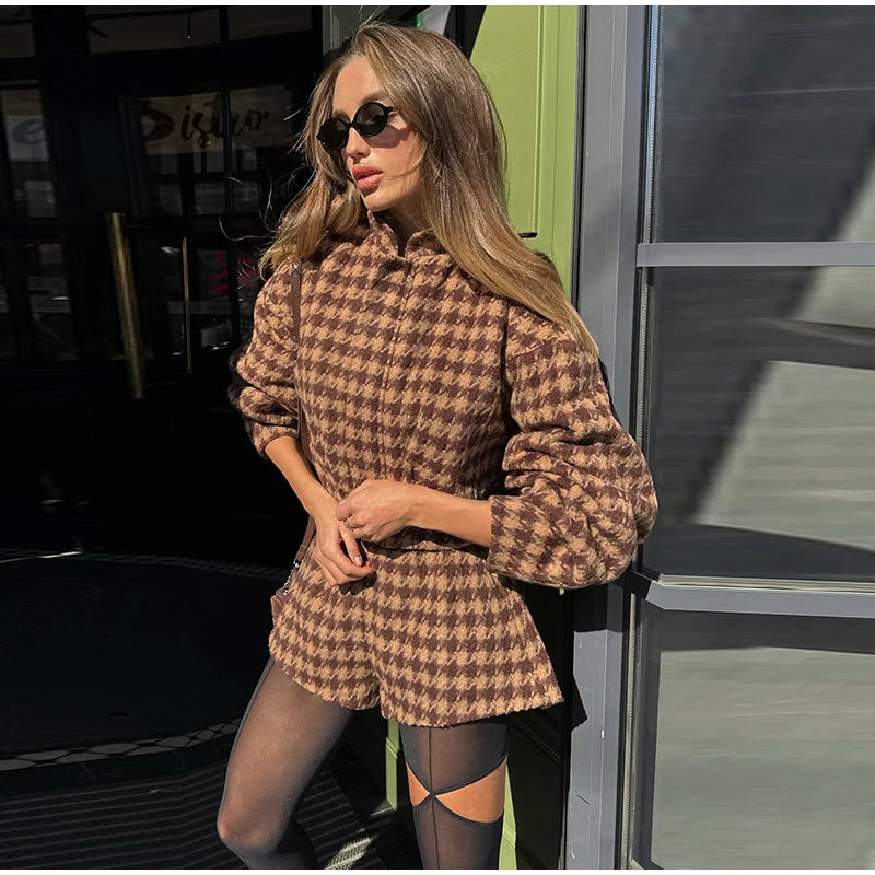 Plaid Women’s Zipper Jacket & High-Waist Pockets Shorts Spring Lady Office Suit Set