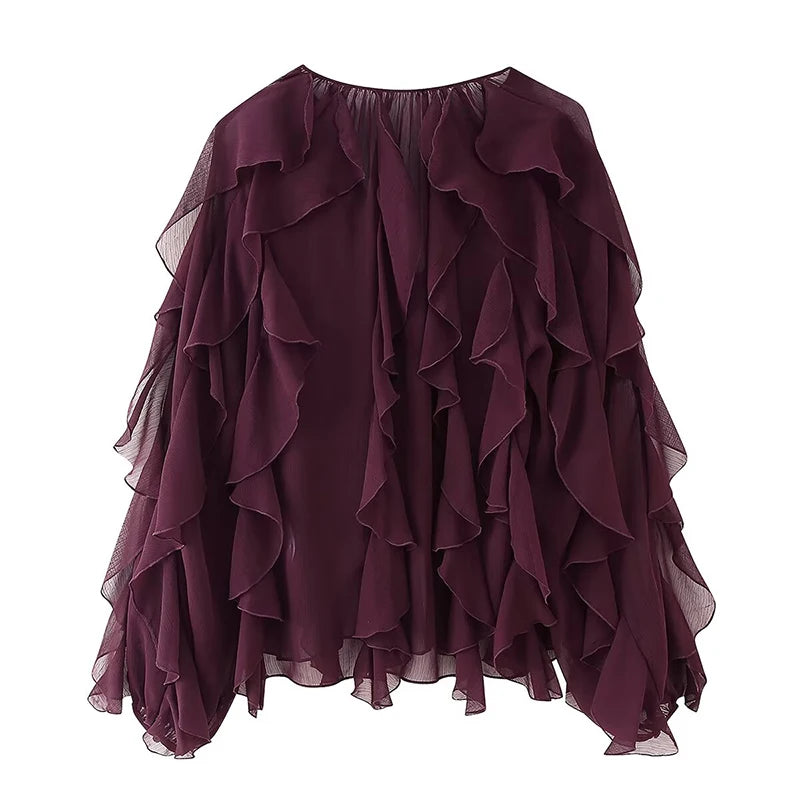 Women’s Sexy Semi-Sheer Ruffle Blouse | V-Neck Long Sleeve Button-Down Shirt