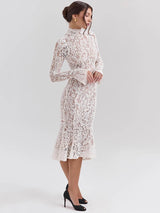 Elegant White Lace Long Sleeve Midi Dress – Women’s Half High Collar Bodycon