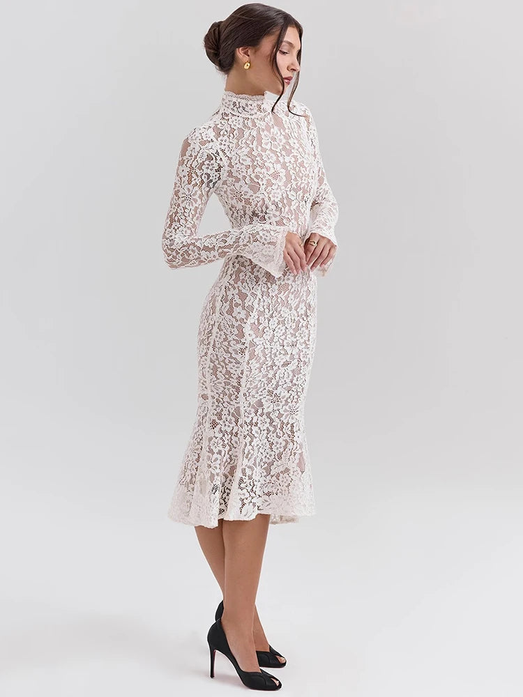 Elegant White Lace Long Sleeve Midi Dress – Women’s Half High Collar Bodycon