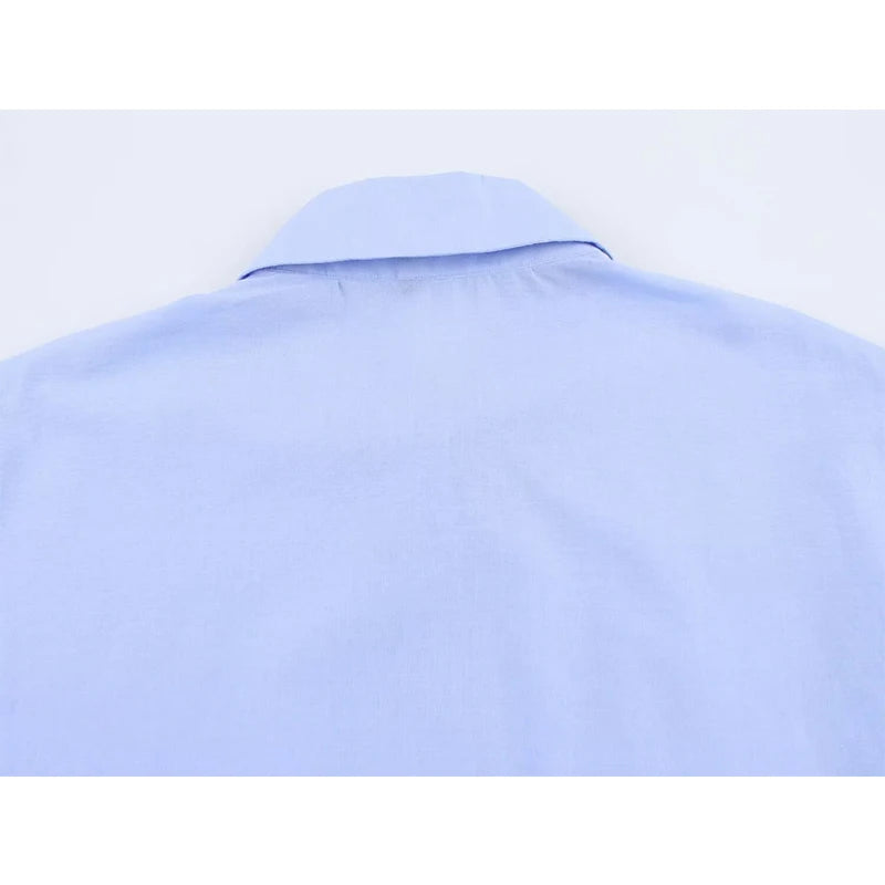 Women’s Blue Embroidery Hollow Out Shirt | Front Button Lapel Collar Blouse