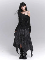 Acubi Fashion Karierter Asymmetrischer Rock | Damen Alt Goth Maxi mit elastischem Bund