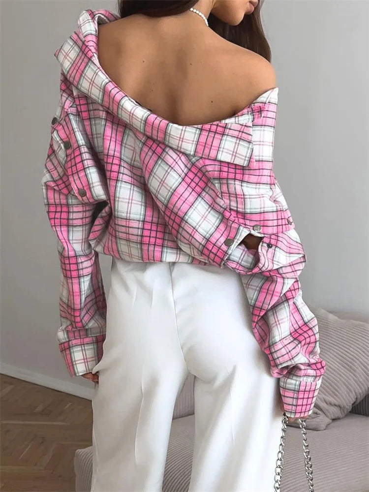 Women’s Elegant Patchwork Lapel Top, Loose Contrast Long Sleeve Pink Shirt