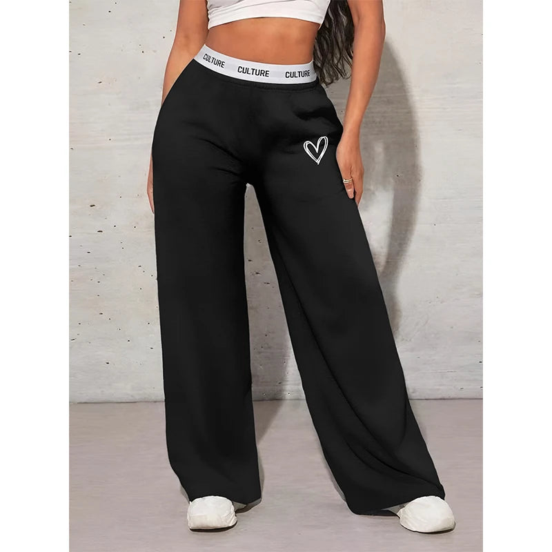 Women's Wide Leg Casual Loose Fit Webbing Detail Love Heart Printed Trousers