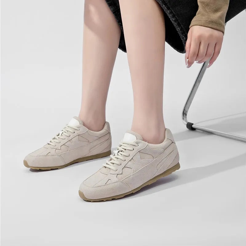 Damen Trainingsschuhe aus echtem Leder – Retro Freizeit-Sneaker mit flacher Sohle
