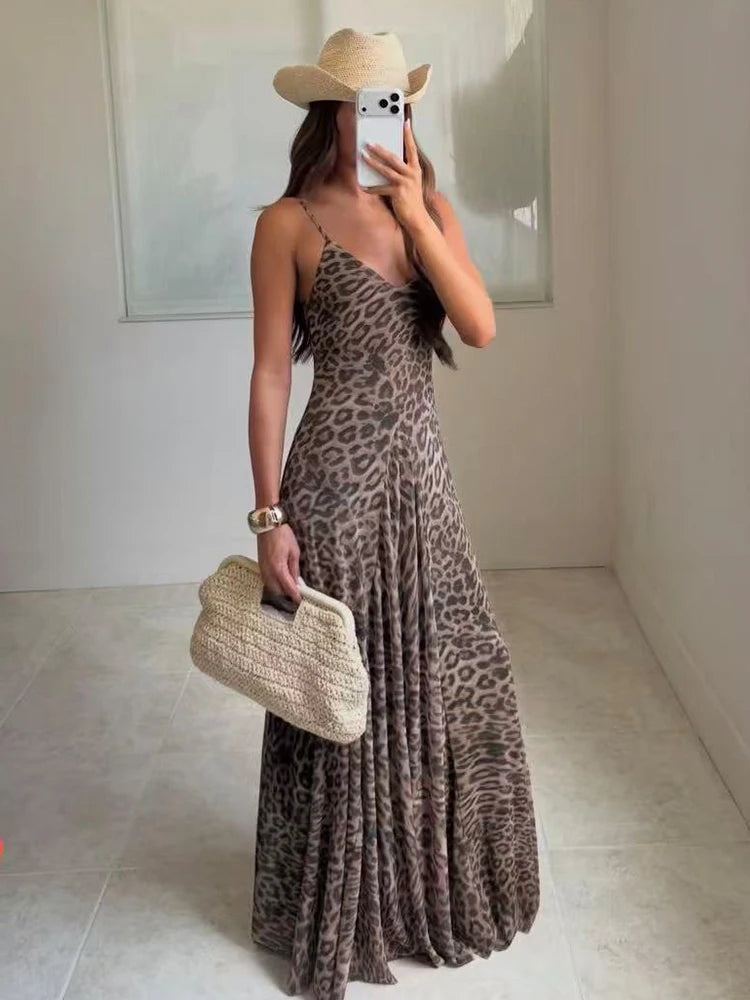 Women’s Vintage Leopard Print Sling Maxi Dress