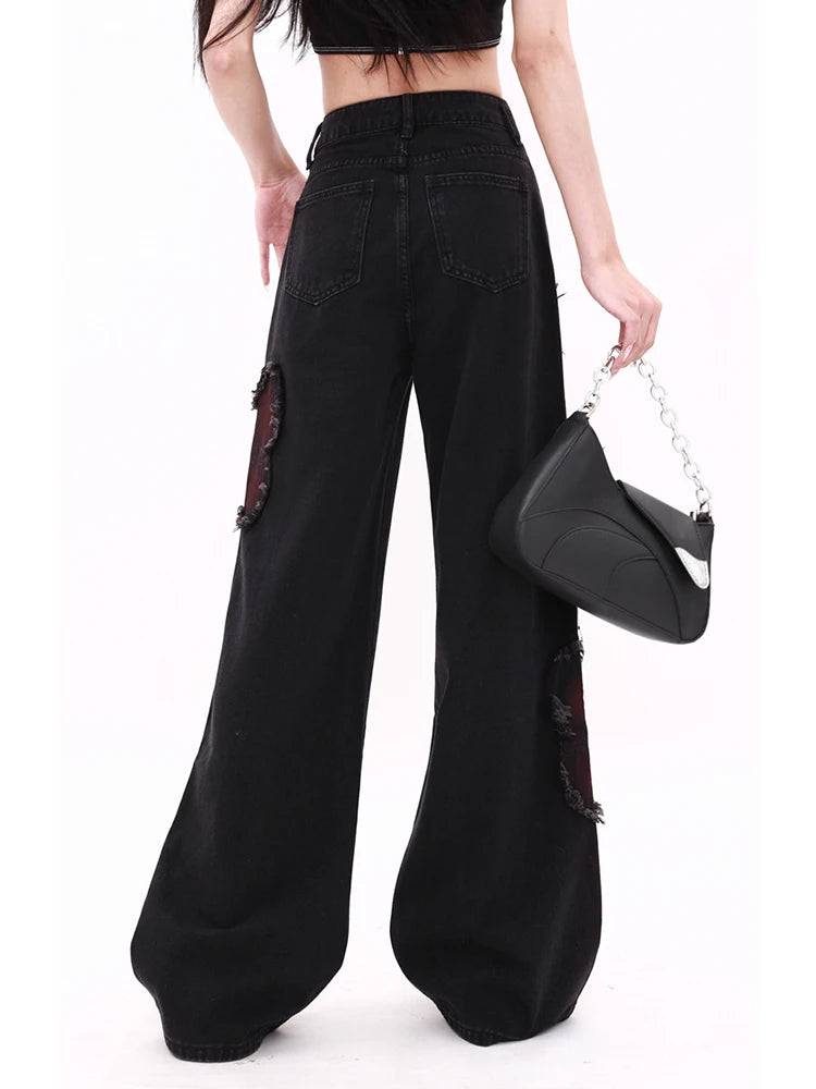 Damen Harajuku Y2K Baggy Jeans | Ästhetische Jeanshose mit Schmetterlings-Print