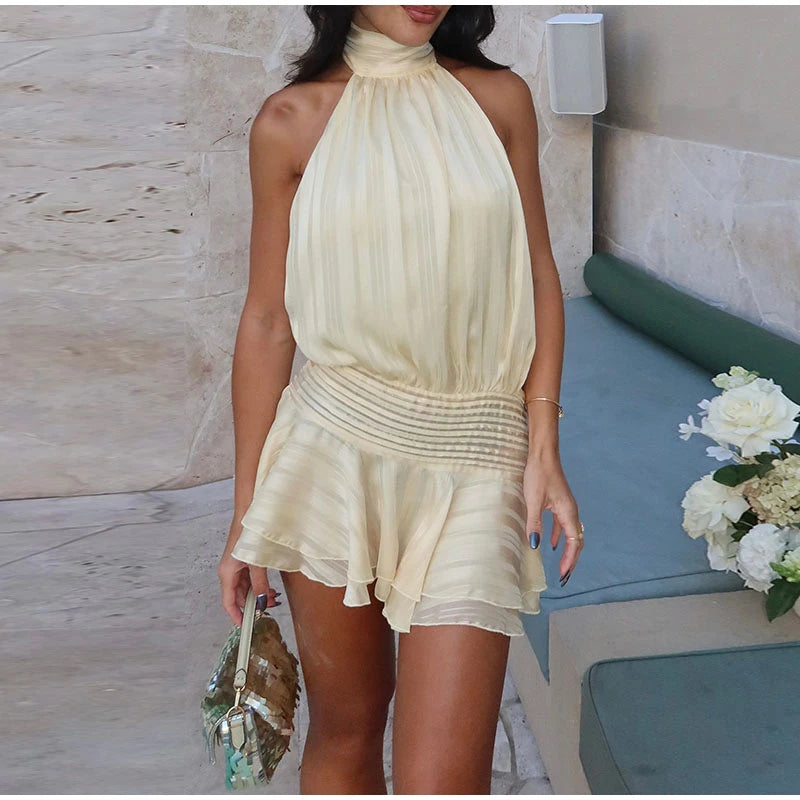 Sexy Backless Halter Mini Dress | Women’s Lace-Up Ruffle Sleeveless Dress