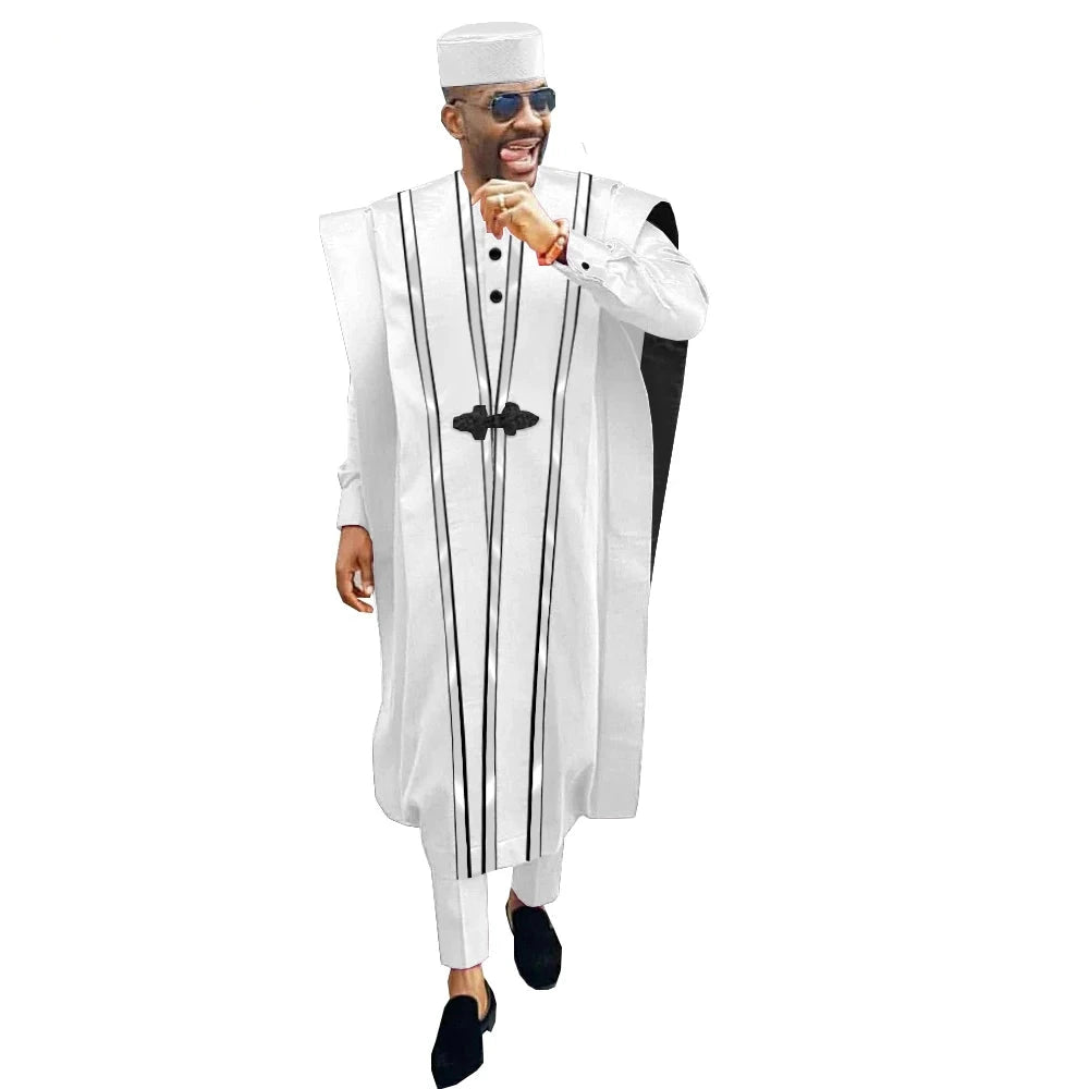 Men’s 4-Piece African Agbada Set | Grand Robe, Dashiki Shirt, Ankara Pants & Tribal Hat