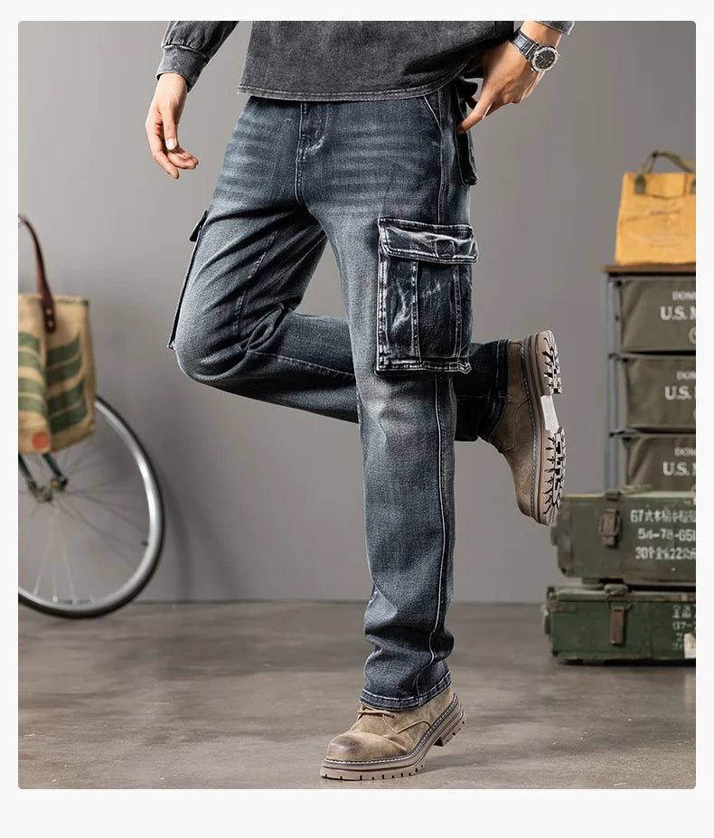 Herren Outdoor Weite Hosenbeine Arbeitsjeans | Multi-Pocket Straight Fit Denim