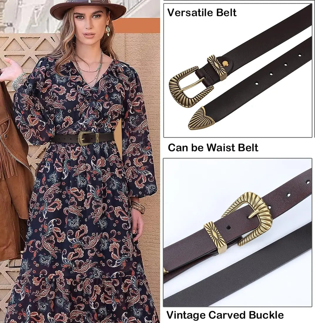 Western Women's Genuine Leather Belt – Classic Metal Pin Buckle Waistband