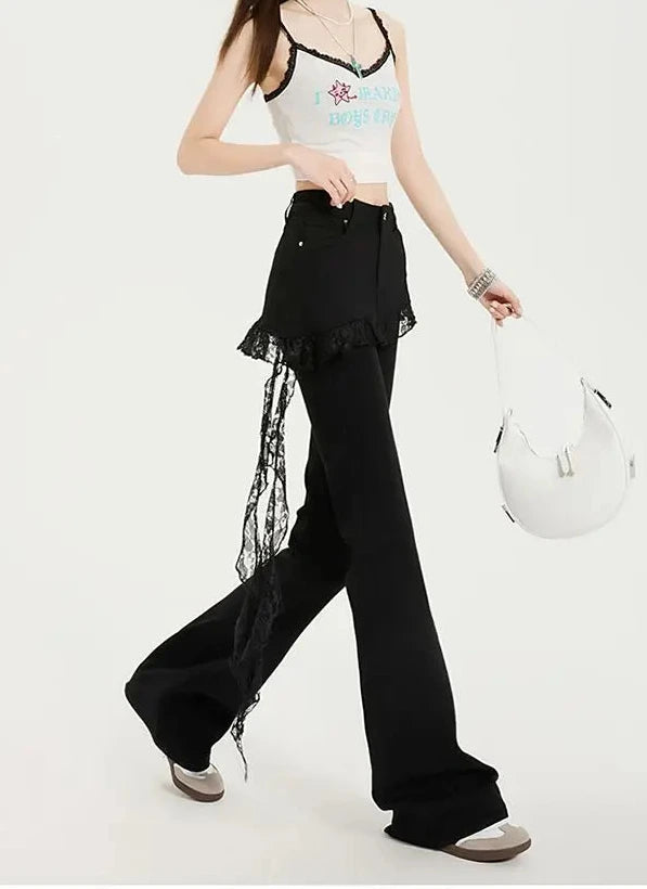 Damen Jeans mit Spitzenbesatz im Fake Two-Piece Design | Jeansrock in Mikro-Schlaghose-Optik