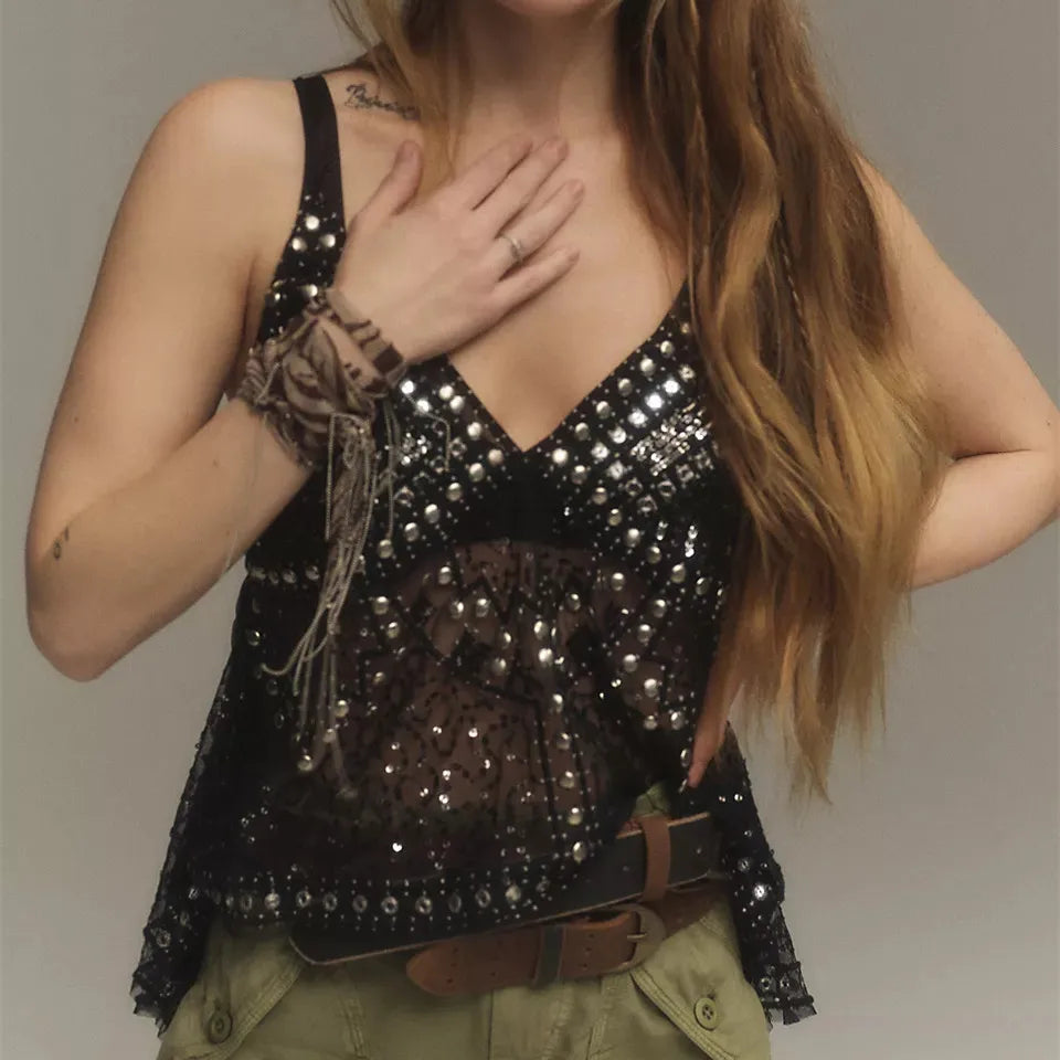 Women’s Y2K Sequin Mesh Tank Top – Glitter Floral Embroidered Cami