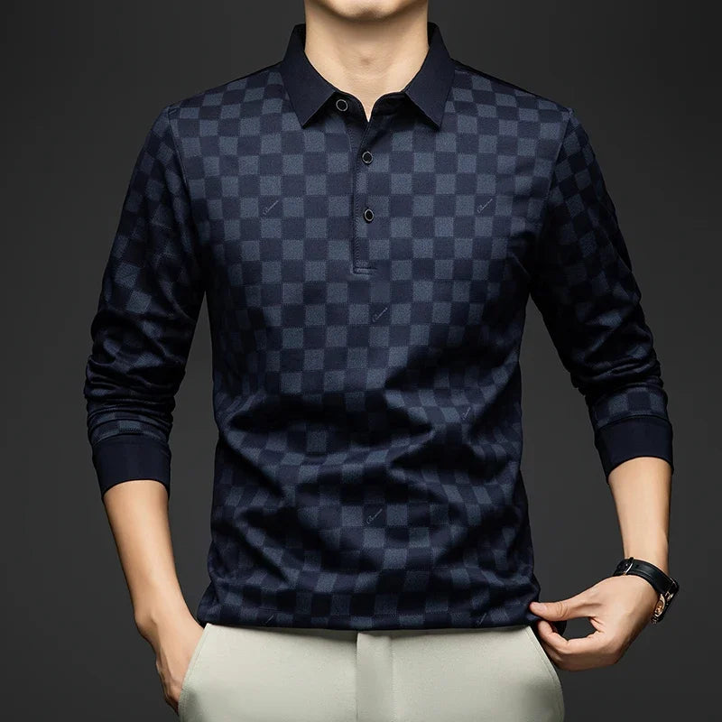 Men's Long Sleeve Polo Shirt – Business Casual Slim Fit Plaid Tee