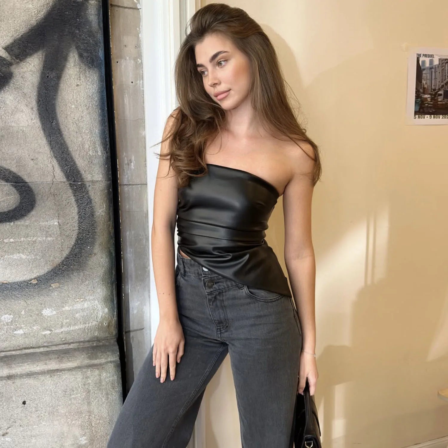 Damen PU-Leder Tube Top rückenfrei schmal geschnittenes Cropped Top