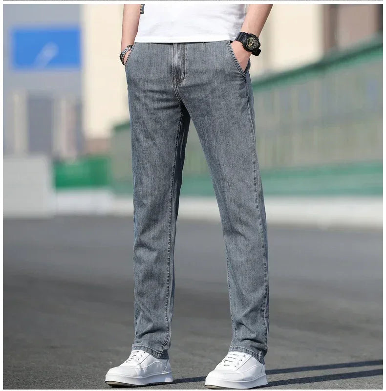 Men’s Summer Loose Stretch Gray & Light Blue Straight-Leg Denim Jeans
