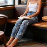 Damen Y2K Straight Leg Jeans Slim Fit Ausgefranste Distressed Multi-Scratch Denim Streetwear Washed Jeans