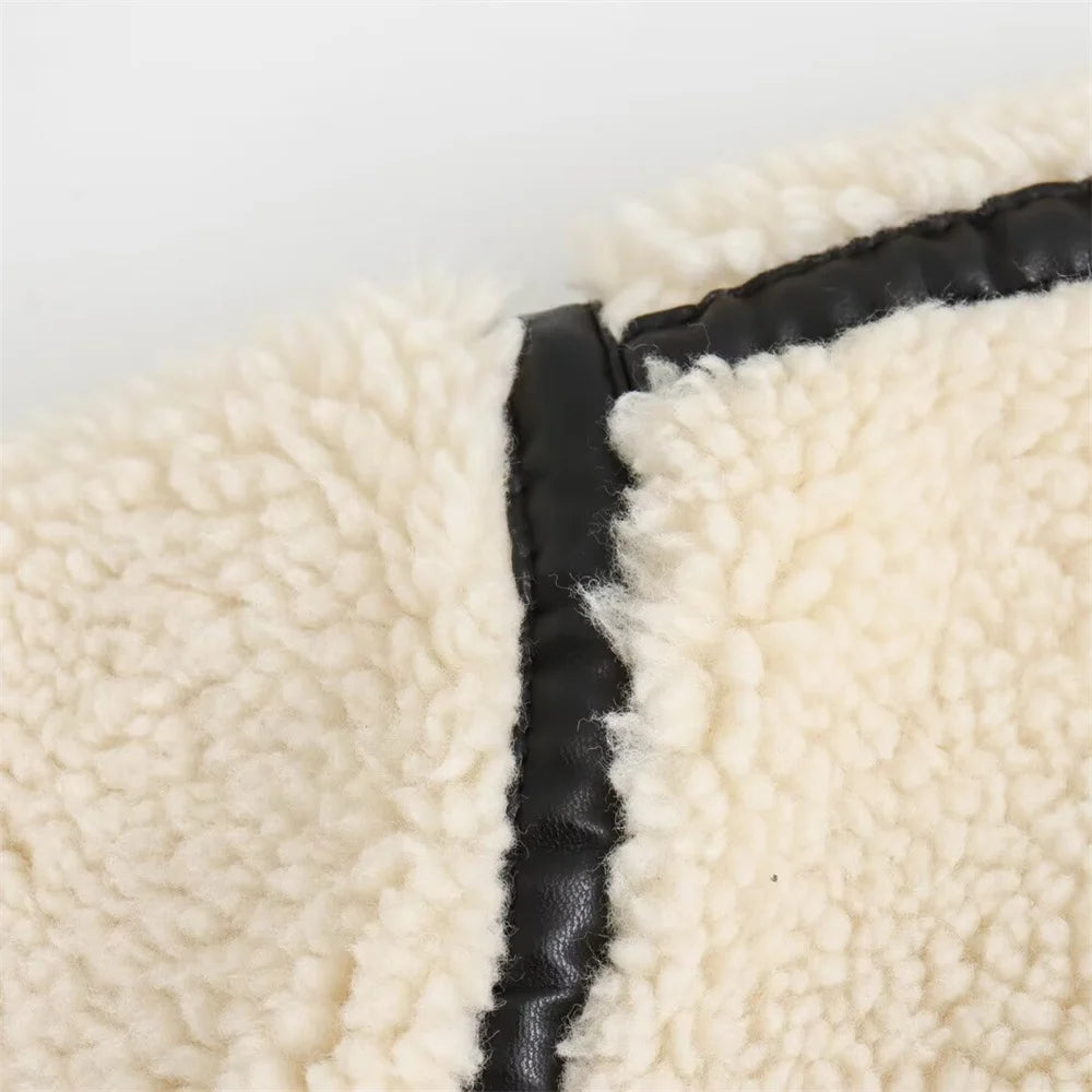 The Aspen Aviator: Beige Integrated Artificial Fur Moto Jacket – European Luxury Faux Fur Biker Coat