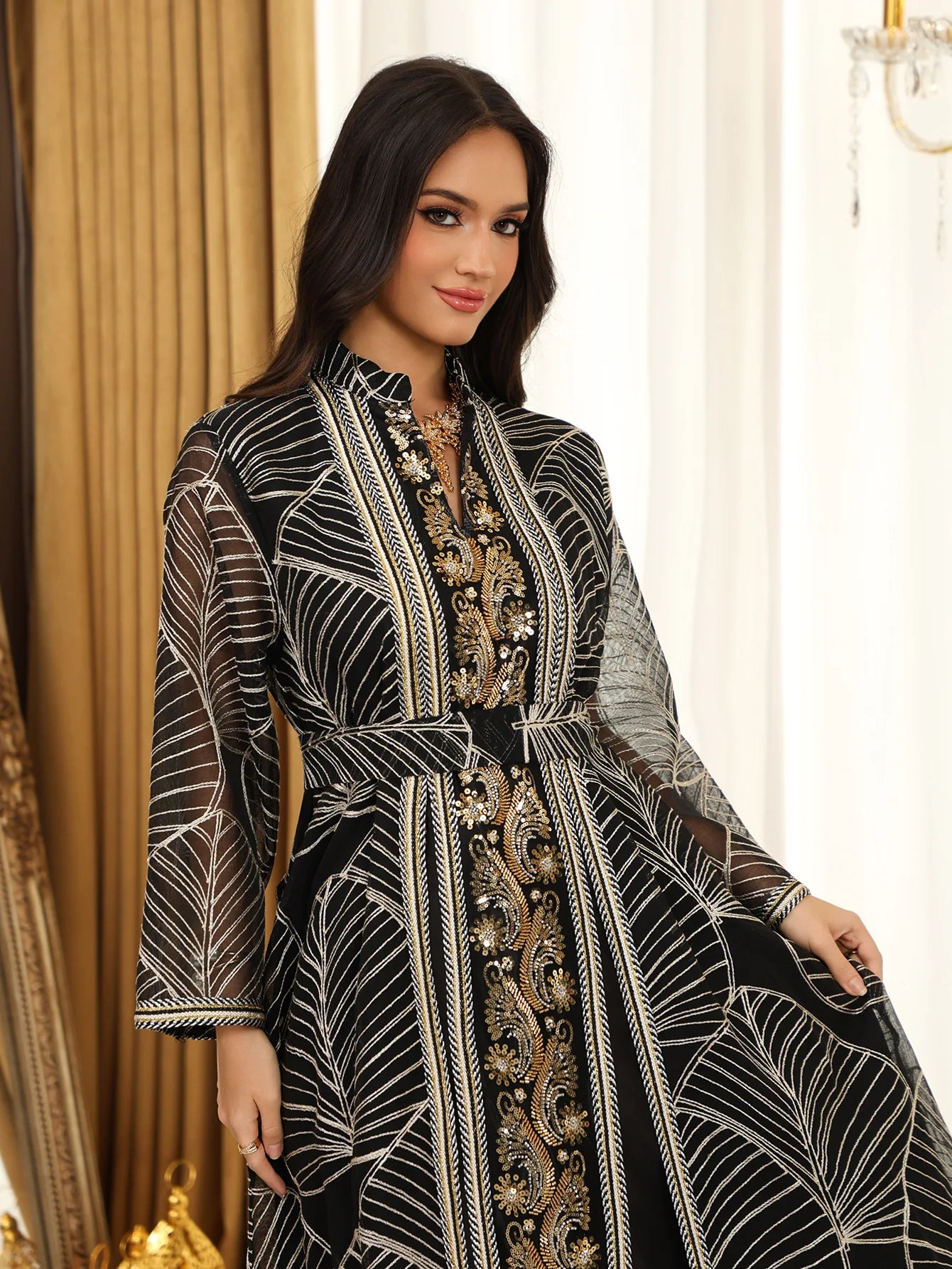 Women’s Mesh Sequin Abaya Dress | Elegant Embroidered Eid Party Gown