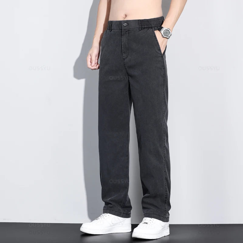 Men’s Soft Lyocell Summer Jeans – Elastic Waist Loose Straight Denim