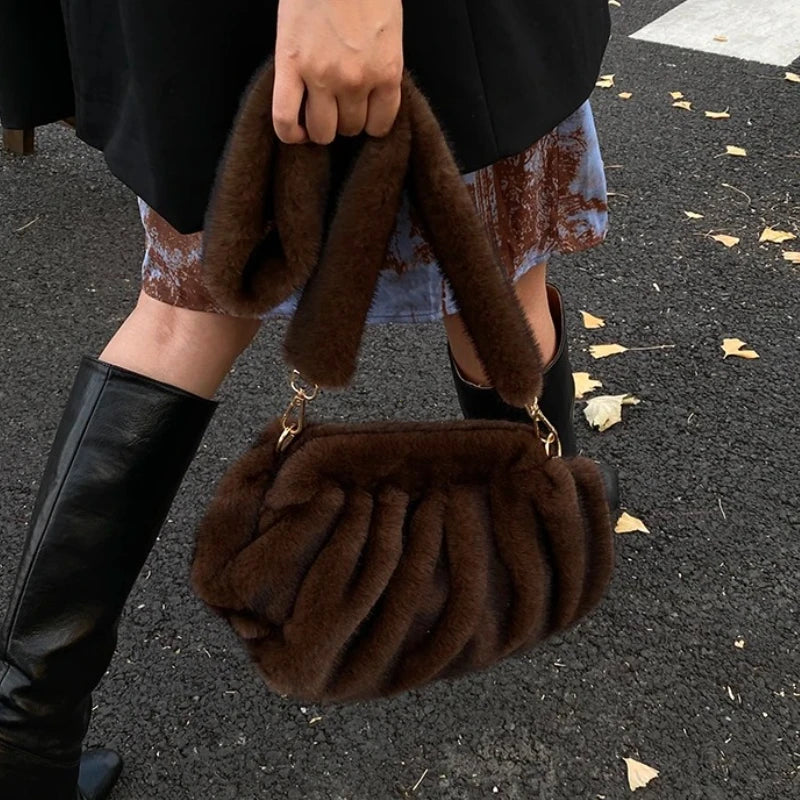 Women’s Soft Faux Fur Cloud Bag – Wrinkled Small Shoulder Bag